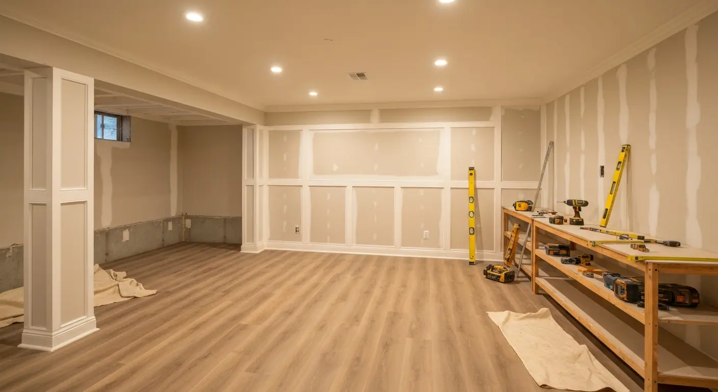 Finished basement with flooring and trim