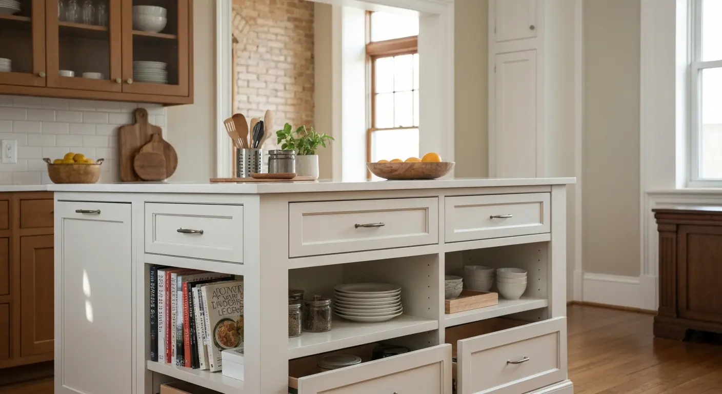 Storage island with drawers and shelving
