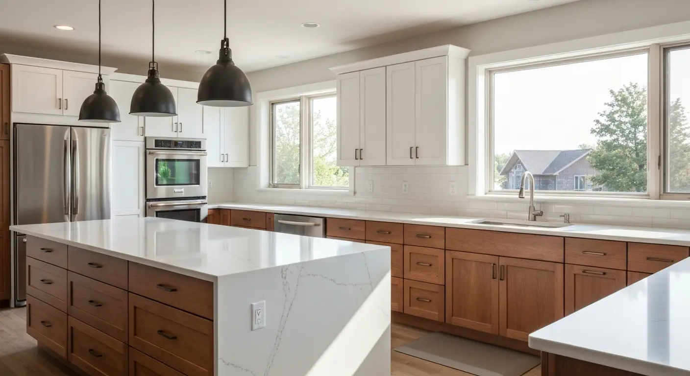 Modern kitchen remodel with island and lighting