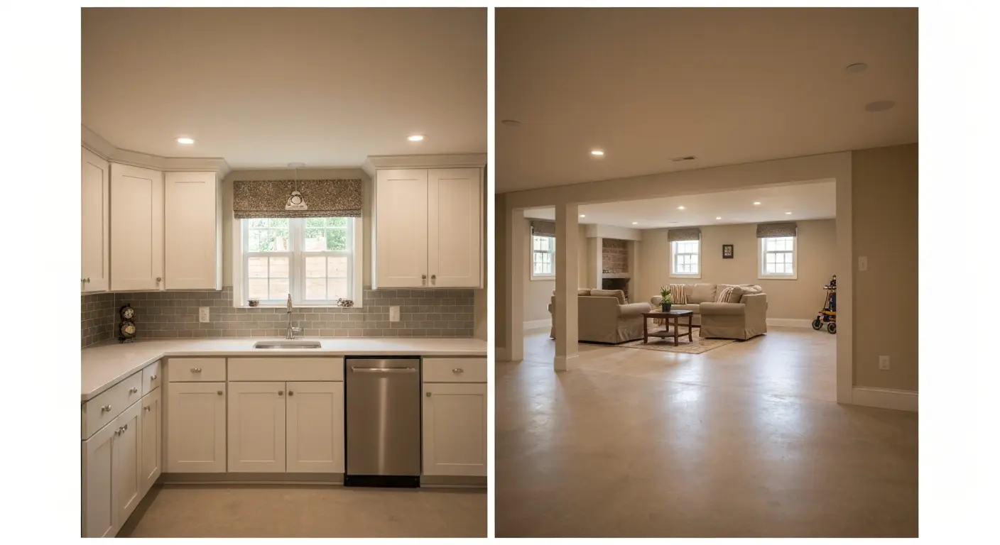 Finished basement with wet bar and recreation space