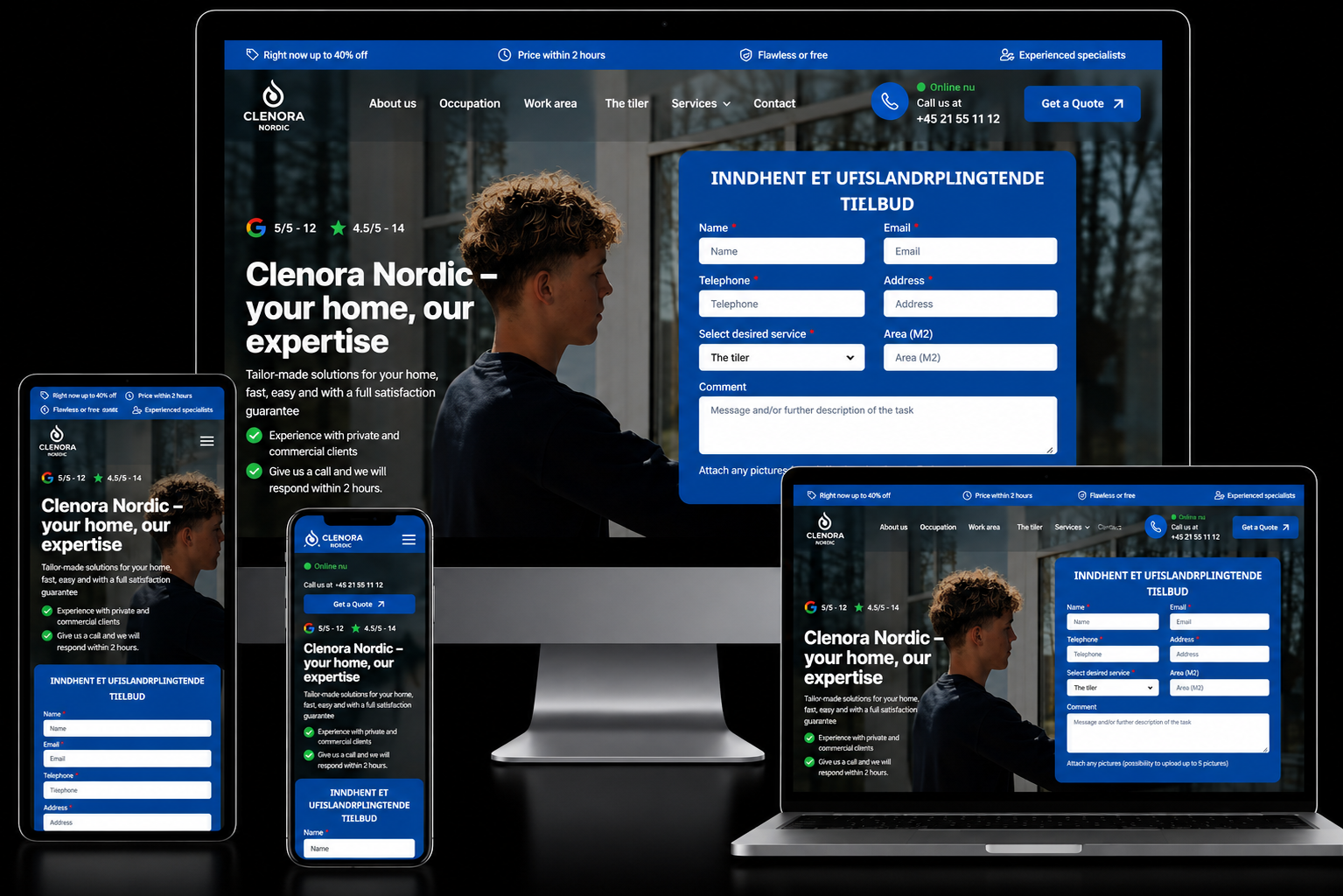 Clenora Nordic home services website shown on desktop, laptop, tablet and phone