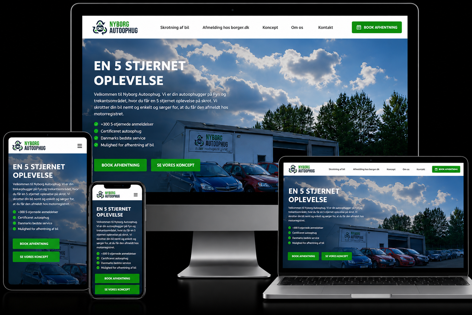 Nyborg Autoophug car scrapping service website shown on desktop, laptop, tablet and phone