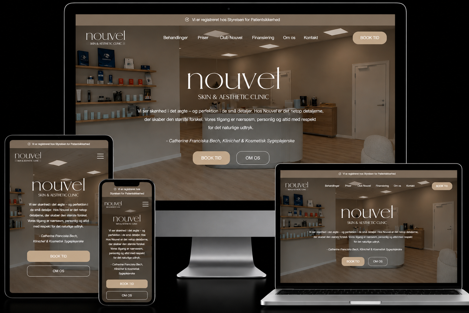 Nouvel skin and aesthetic clinic website shown on desktop, laptop, tablet and phone