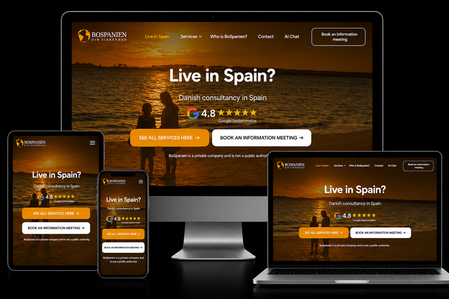 BoSpanien Danish consultancy in Spain website shown on desktop, laptop, tablet and phone
