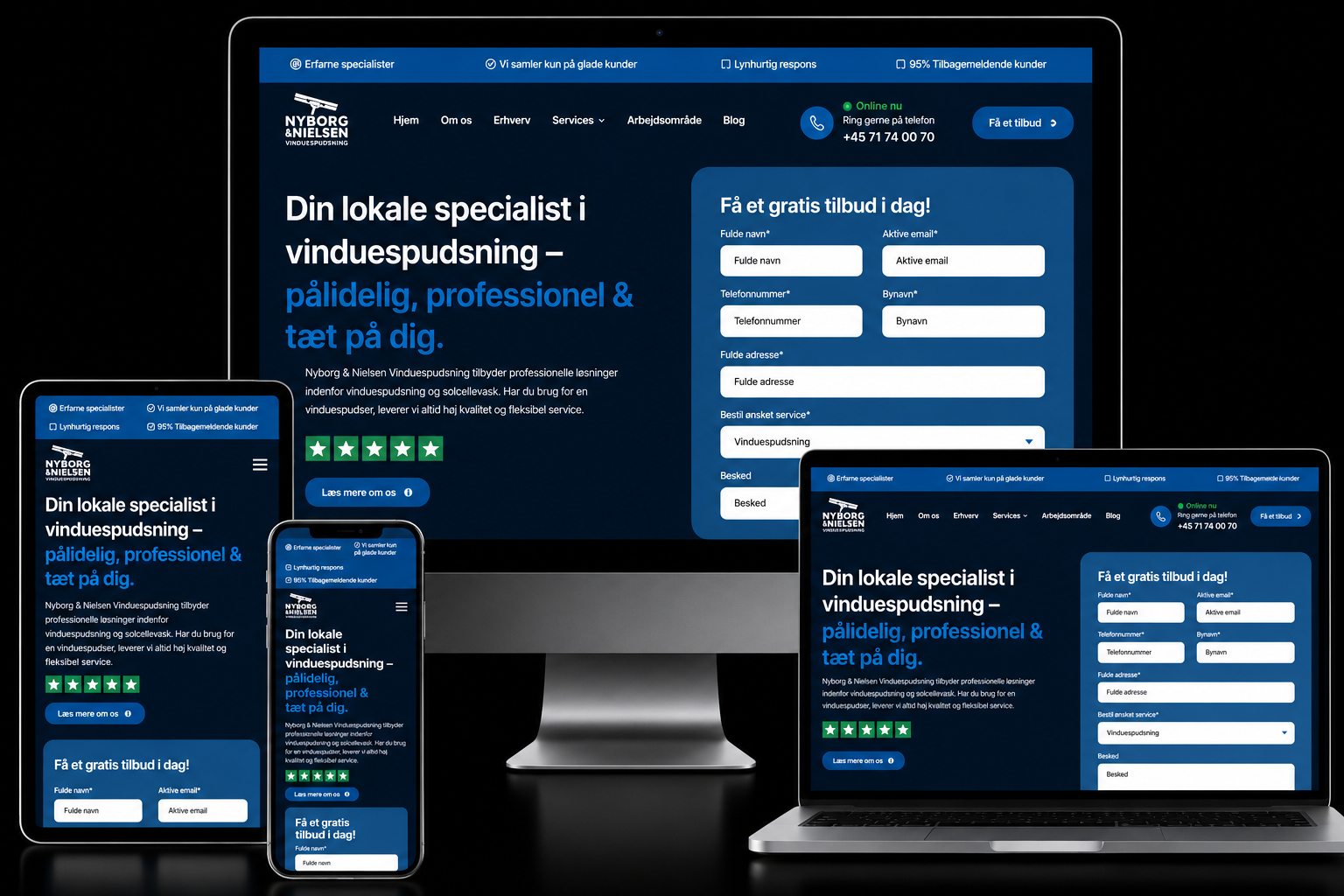 Nyborg and Nielsen window cleaning website shown on desktop, laptop, tablet and phone