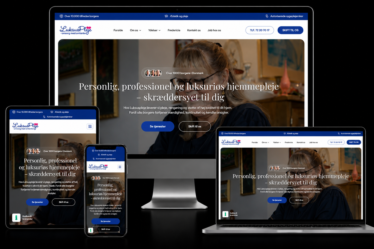 LuksusPleje home care service website shown on desktop, laptop, tablet and phone