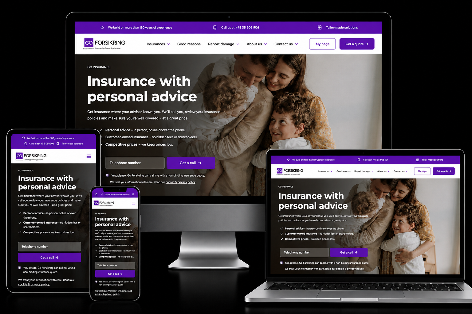 Go Forsikring insurance website shown on desktop, laptop, tablet and phone