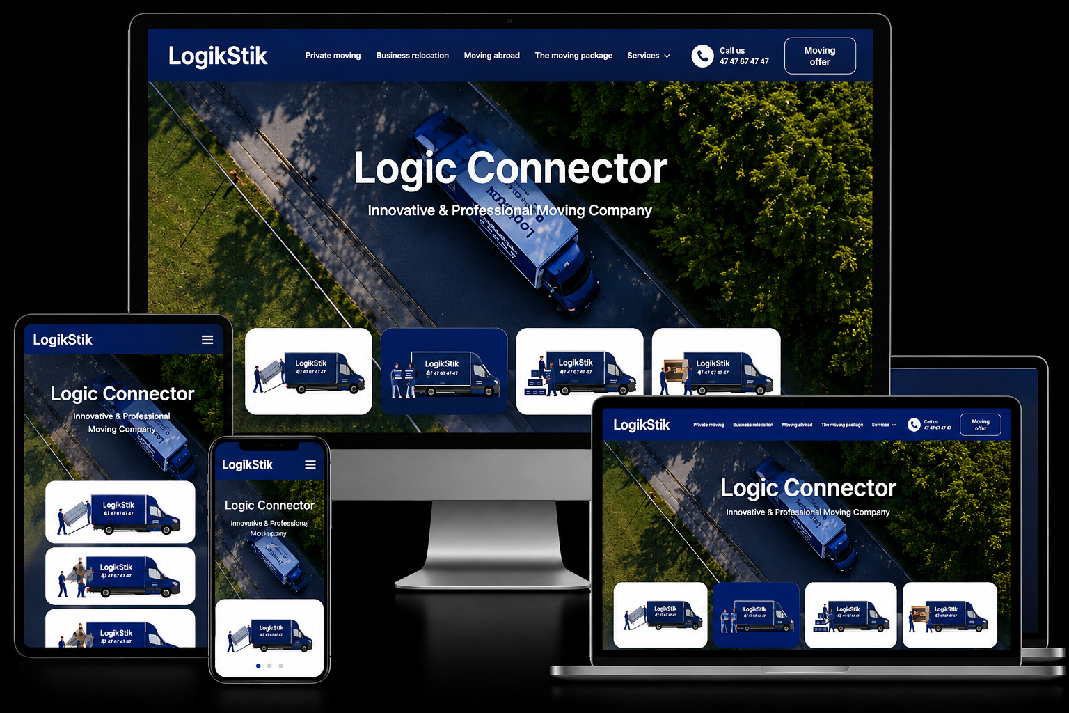 LogikStik moving company website shown on desktop, laptop, tablet and phone