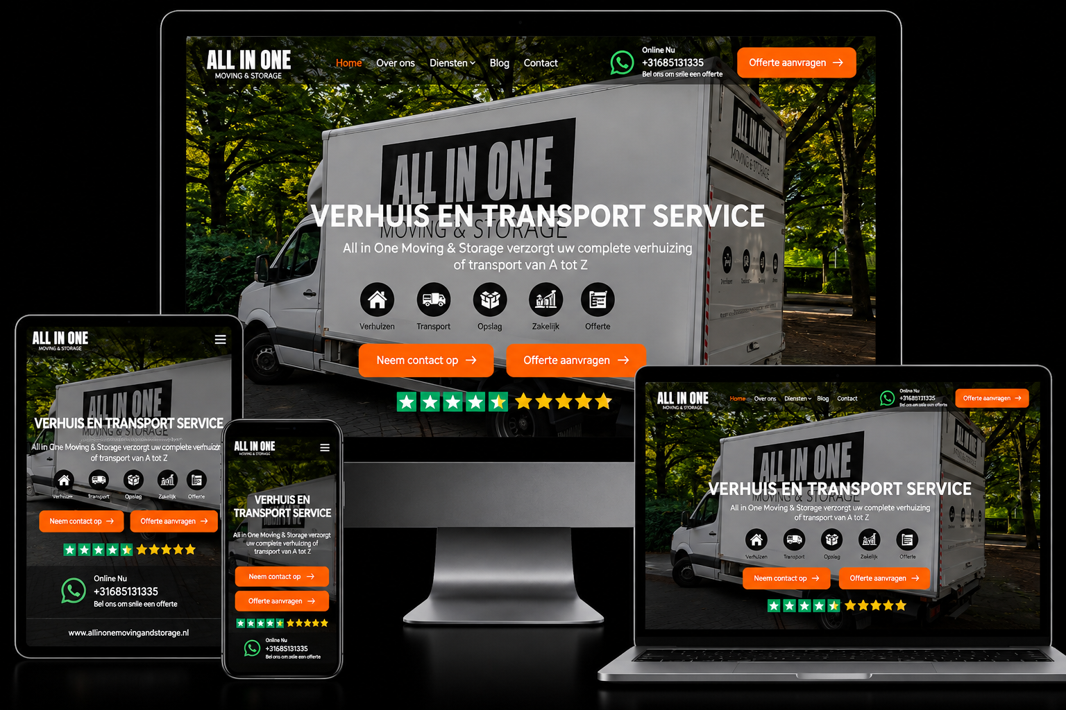 All In One moving and storage service website shown on desktop, laptop, tablet and phone