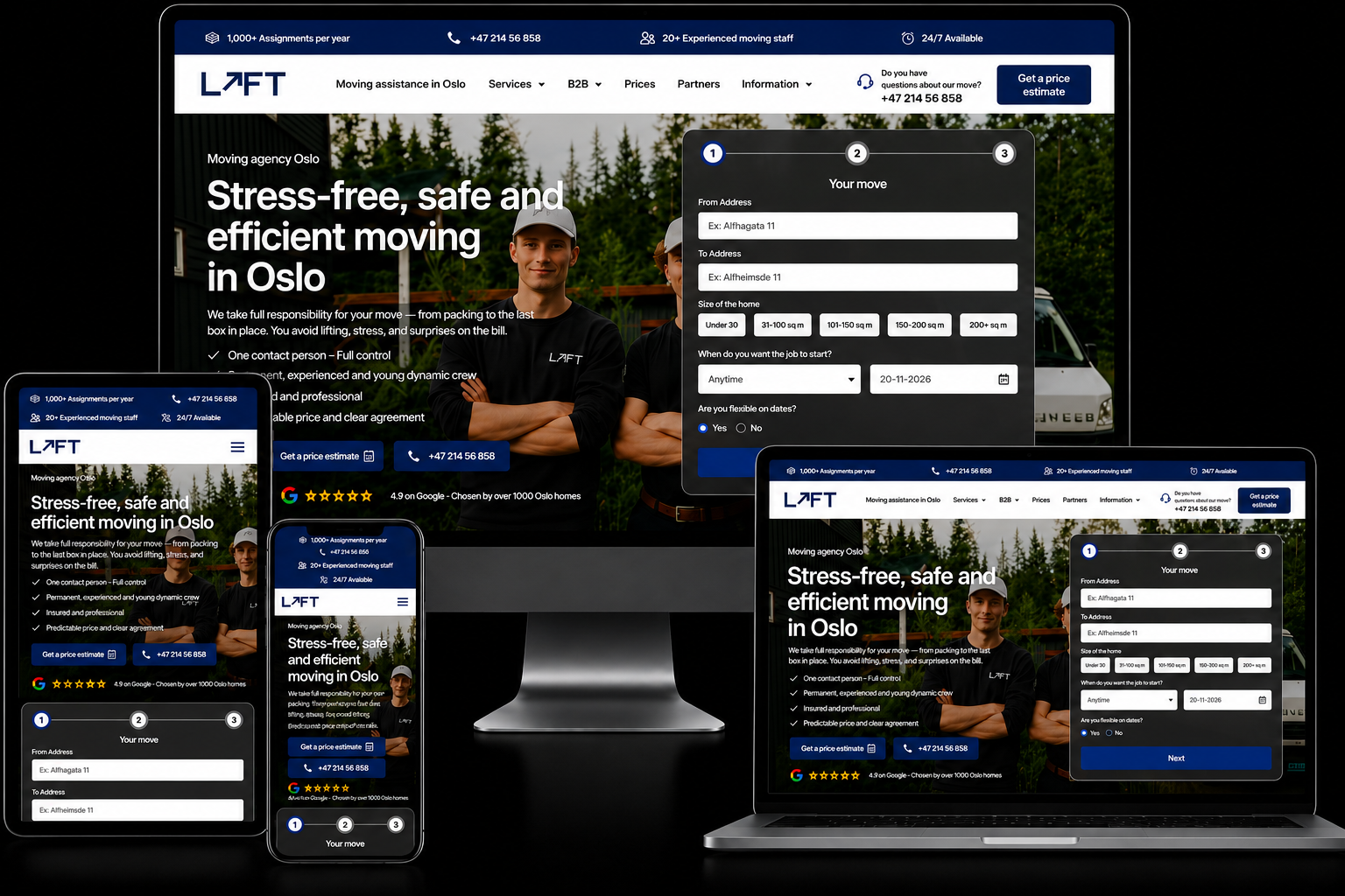 Løft moving company website shown on desktop, laptop, tablet and phone