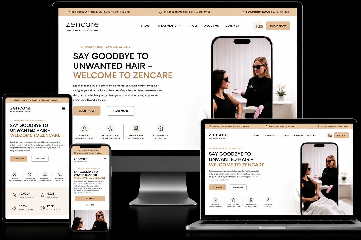Zencare beauty and skin clinic website shown on desktop, laptop, tablet and phone
