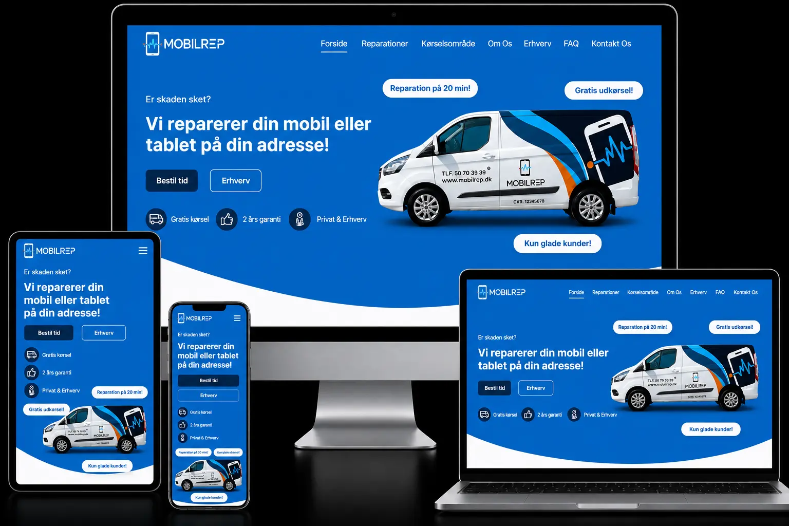 Mobilrep phone and tablet repair service website shown on desktop, laptop, tablet and phone
