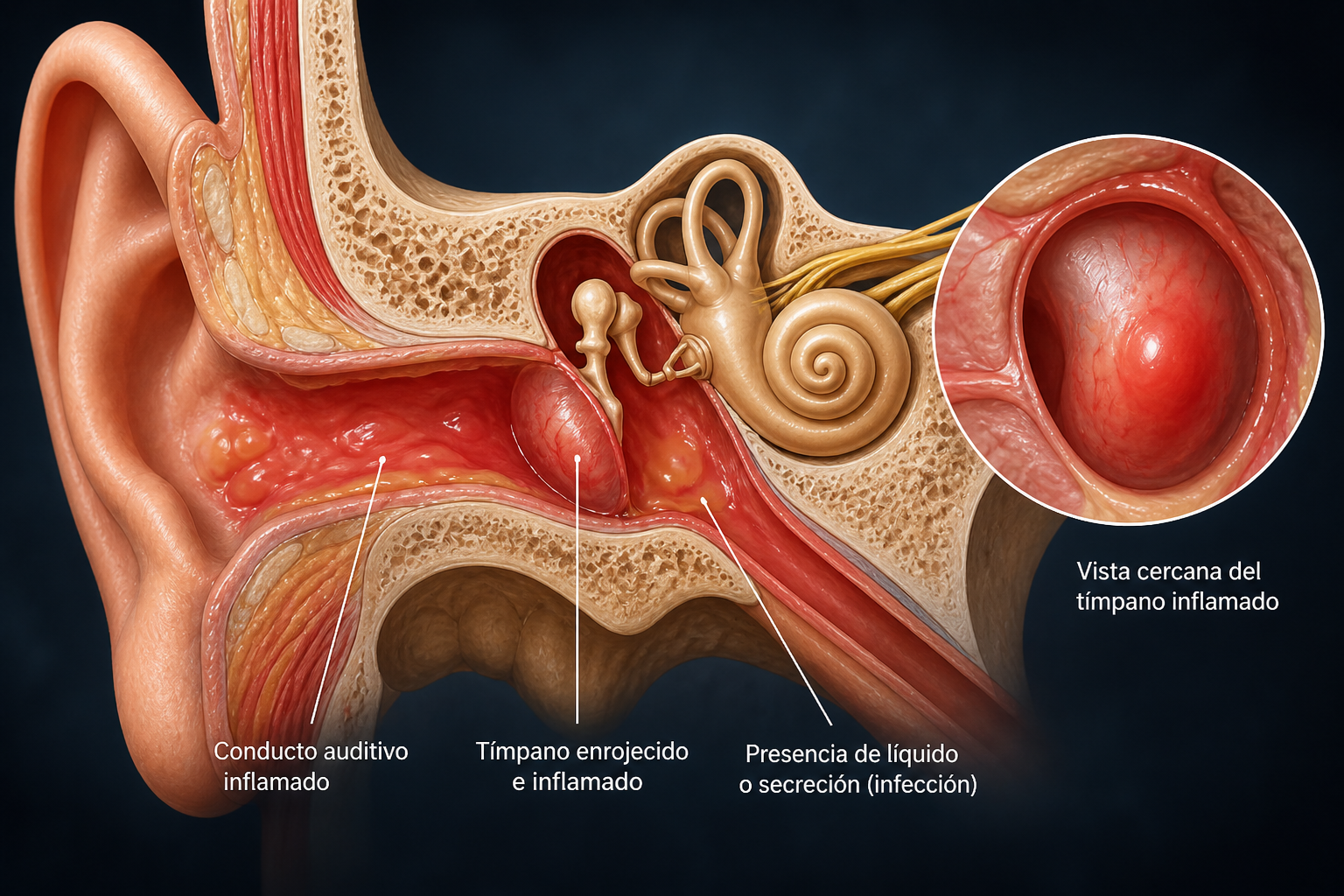 Anatomía del oído · Conducto auditivo, membrana timpánica y oído medio con infección