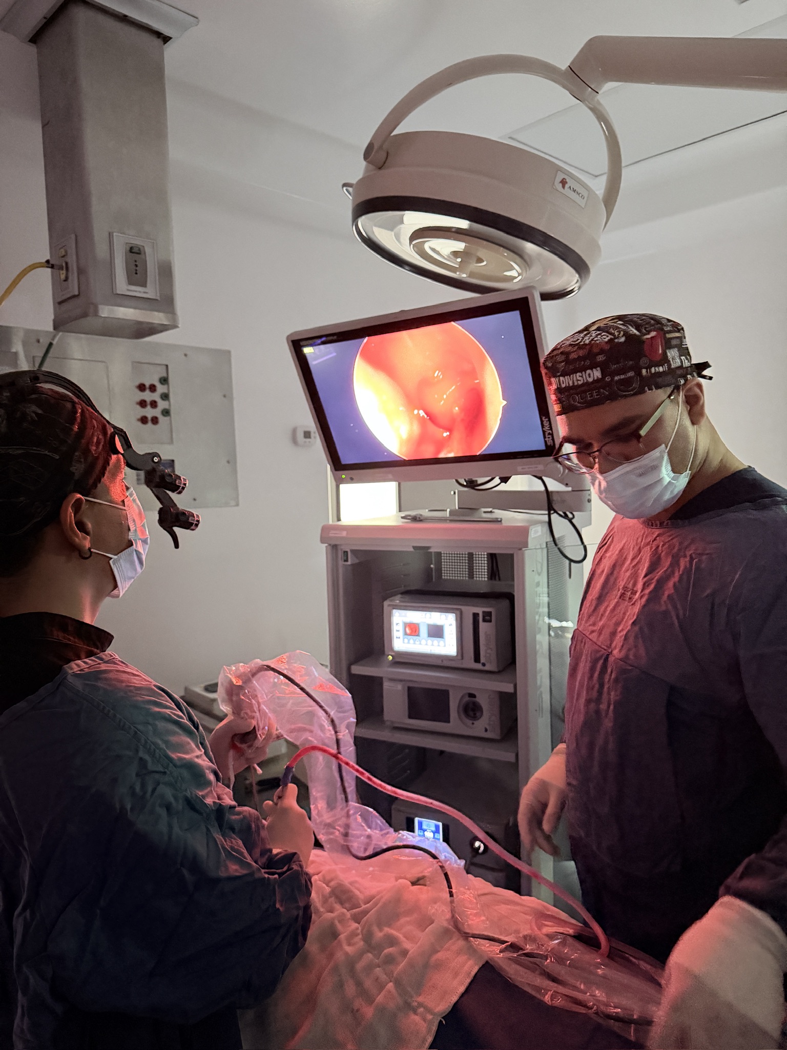Dr. Fernando Alfaro durante cirugía endoscópica con monitor y microdebridador