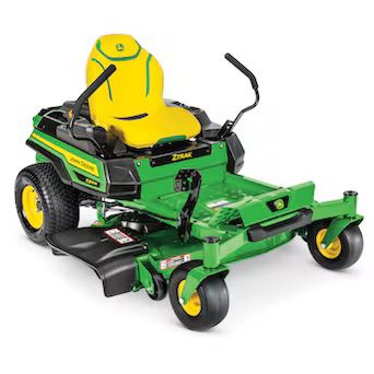 Green and yellow zero-turn riding lawnmower