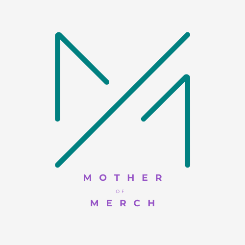 A light grey square with Mother of Merch logo