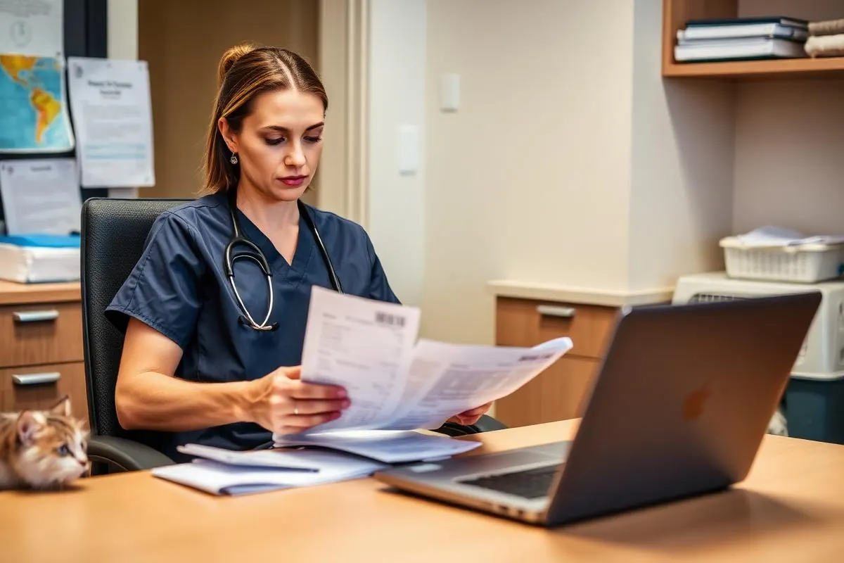 Veterinarian reviewing clinic paperwork and financials