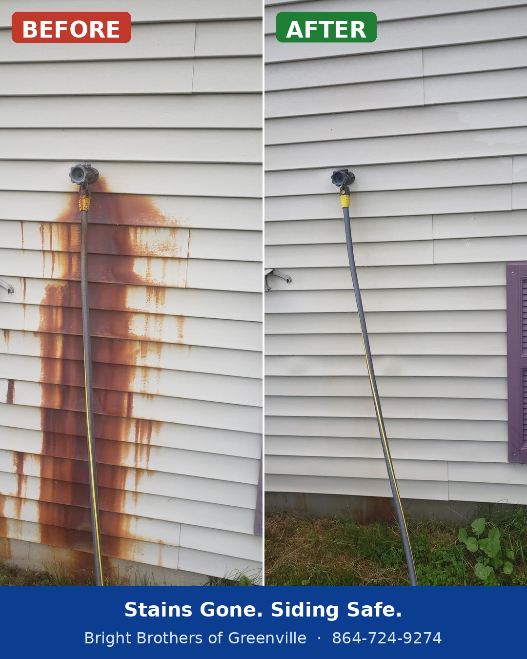 Before and after: rust stains washed off vinyl siding