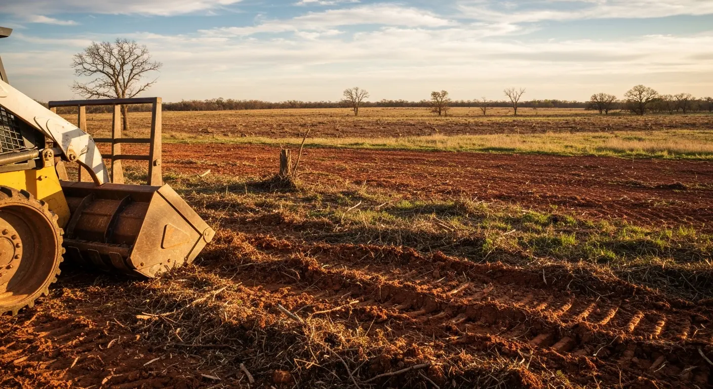Overgrown ranch pasture cleared with forestry mulcher