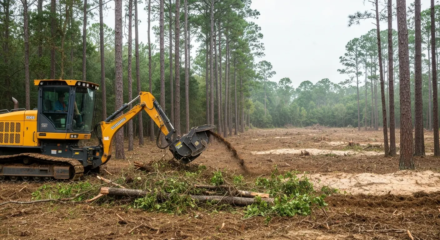 Forestry mulching equipment clearing trees