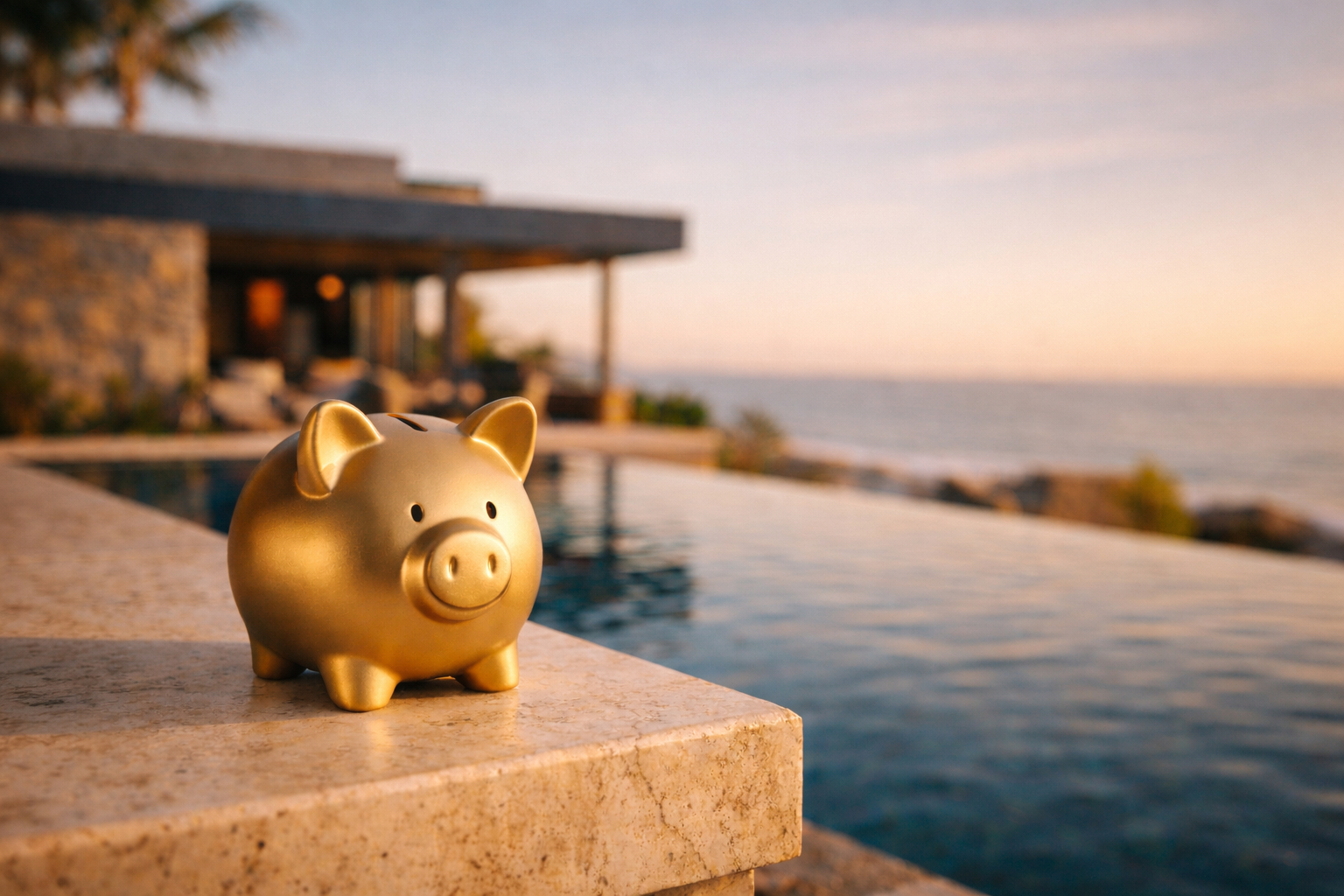 Gold piggy bank on travertine overlooking infinity pool and Mexico coast at sunset