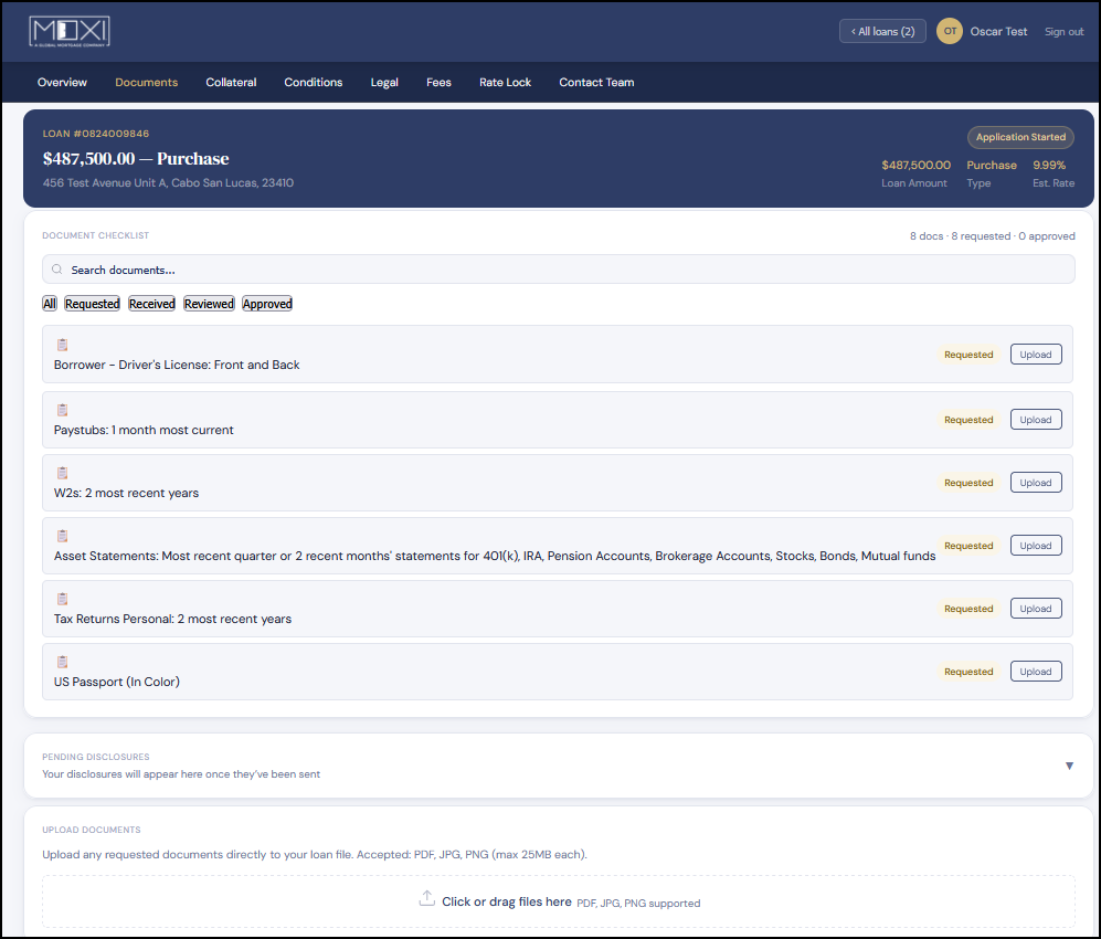 MoXi client portal document checklist showing required documents with upload buttons and review status