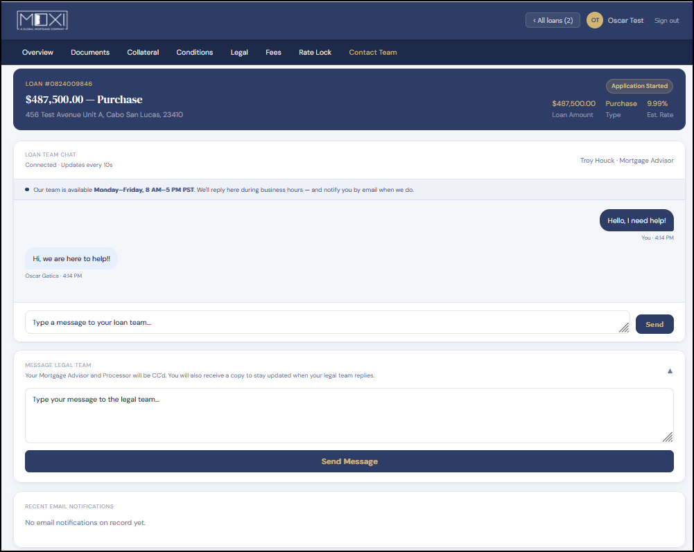 MoXi client portal messaging interface showing direct chat with the loan team and a separate channel for the Mexican legal team