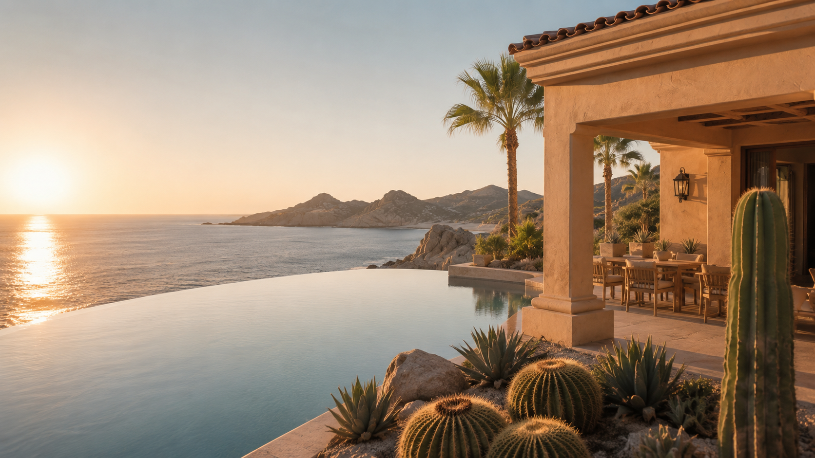 Luxury home with an infinity pool overlooking the Sea of Cortez in Los Cabos at golden hour