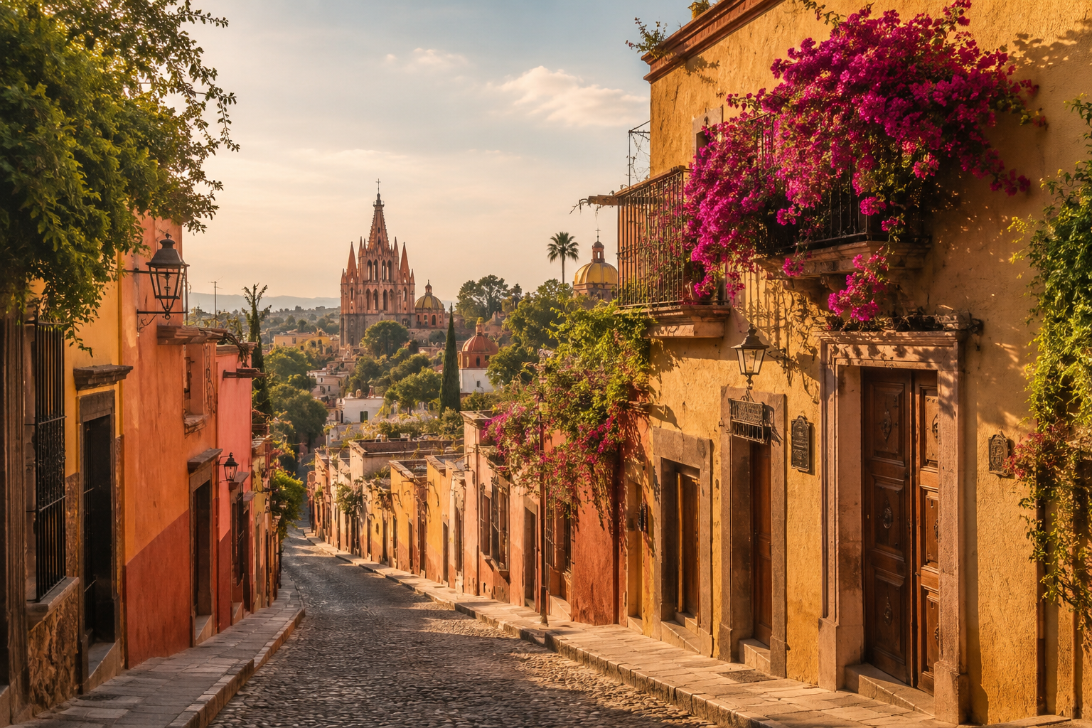 Colorful colonial street in San Miguel de Allende with bougainvillea and warm afternoon light