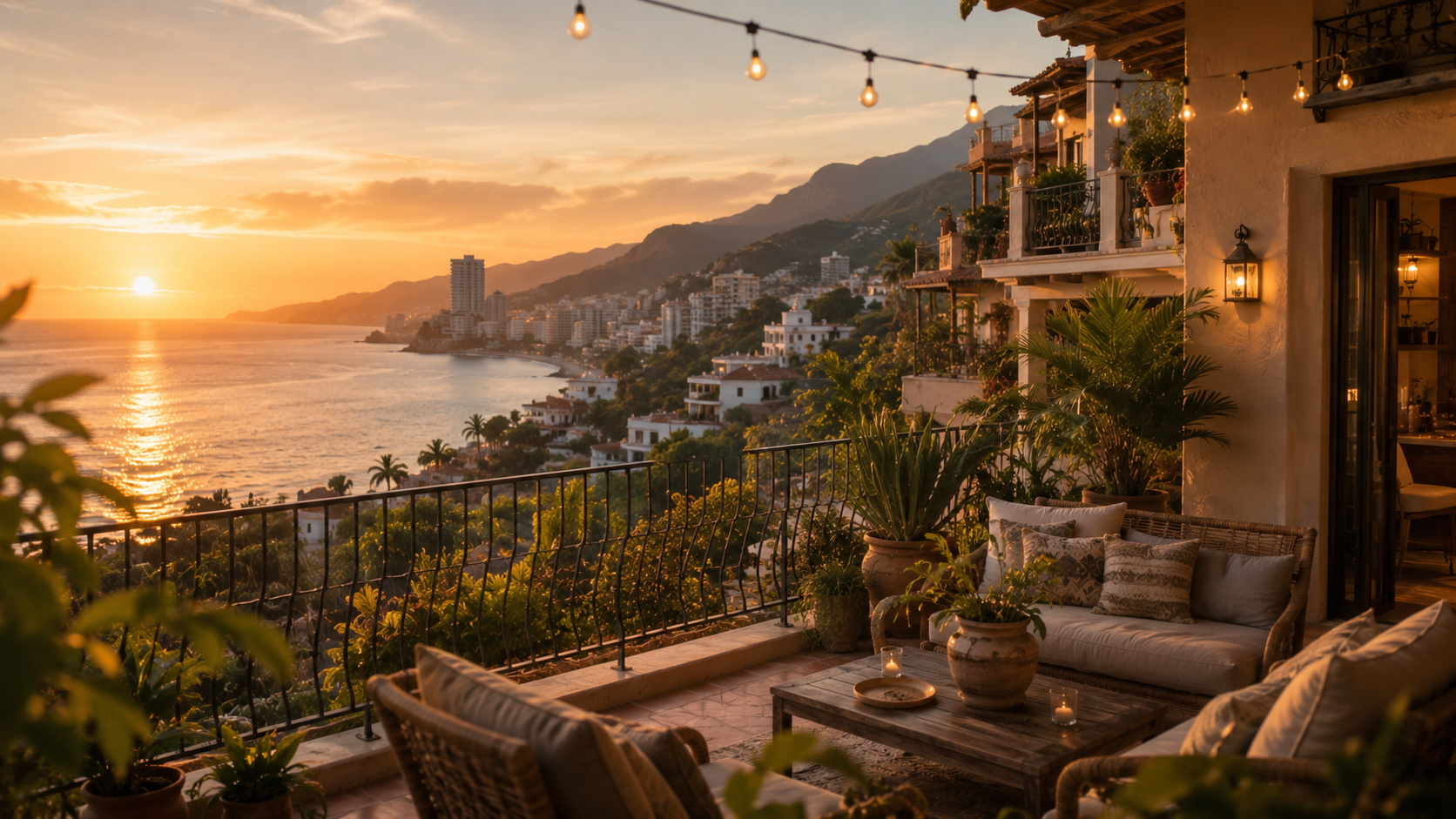 Puerto Vallarta hillside terrace with an ocean view at sunset