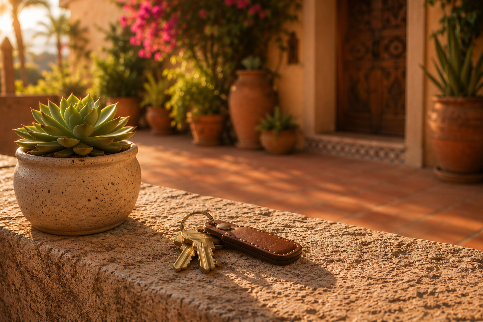 House keys with a leather fob resting beside a potted succulent in a warm Mexican courtyard at golden hour