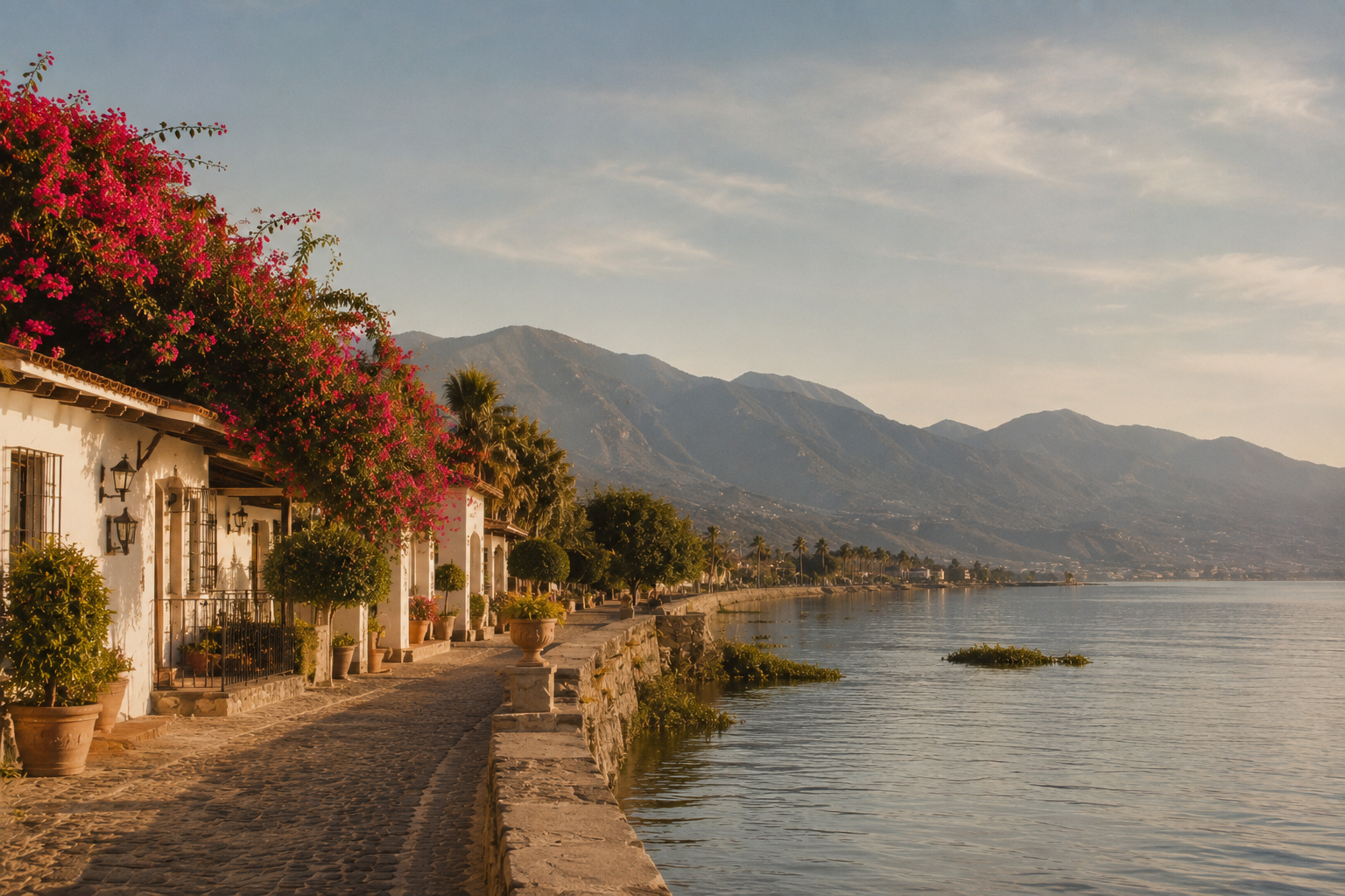 Calm Lake Chapala waterfront near Ajijic with lakeside homes and mountains
