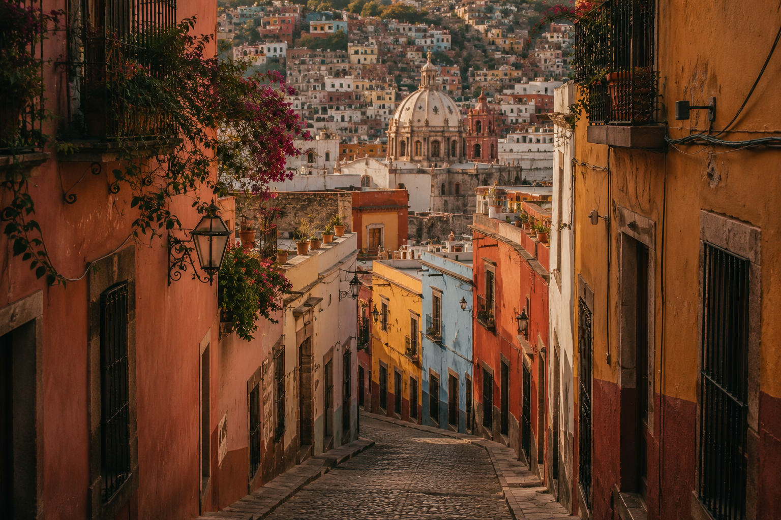 Colorful colonial hillside street with stacked pastel homes in Guanajuato