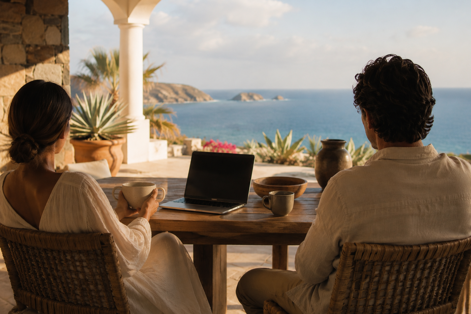 A relaxed couple at a table on a shaded terrace overlooking the Sea of Cortez