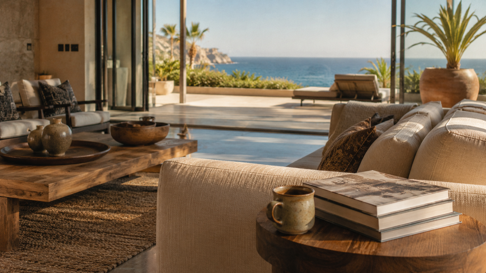 Sophisticated Mexican coastal villa interior with ocean view