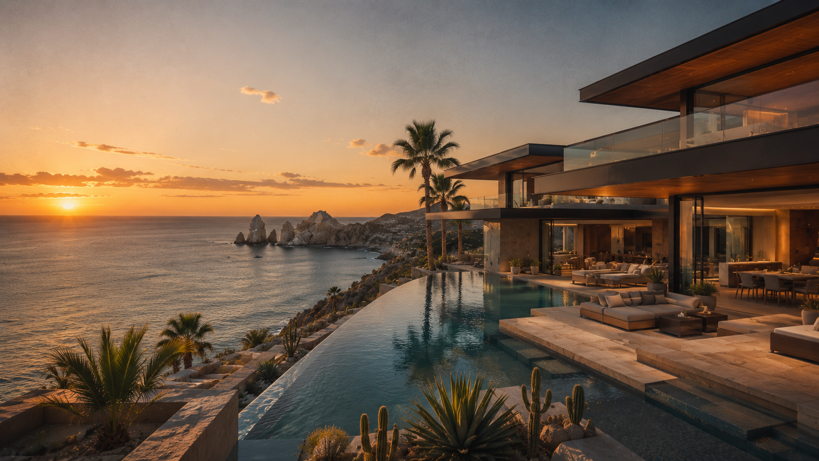 Los Cabos ultra-luxury villa at sunset with Sea of Cortez view