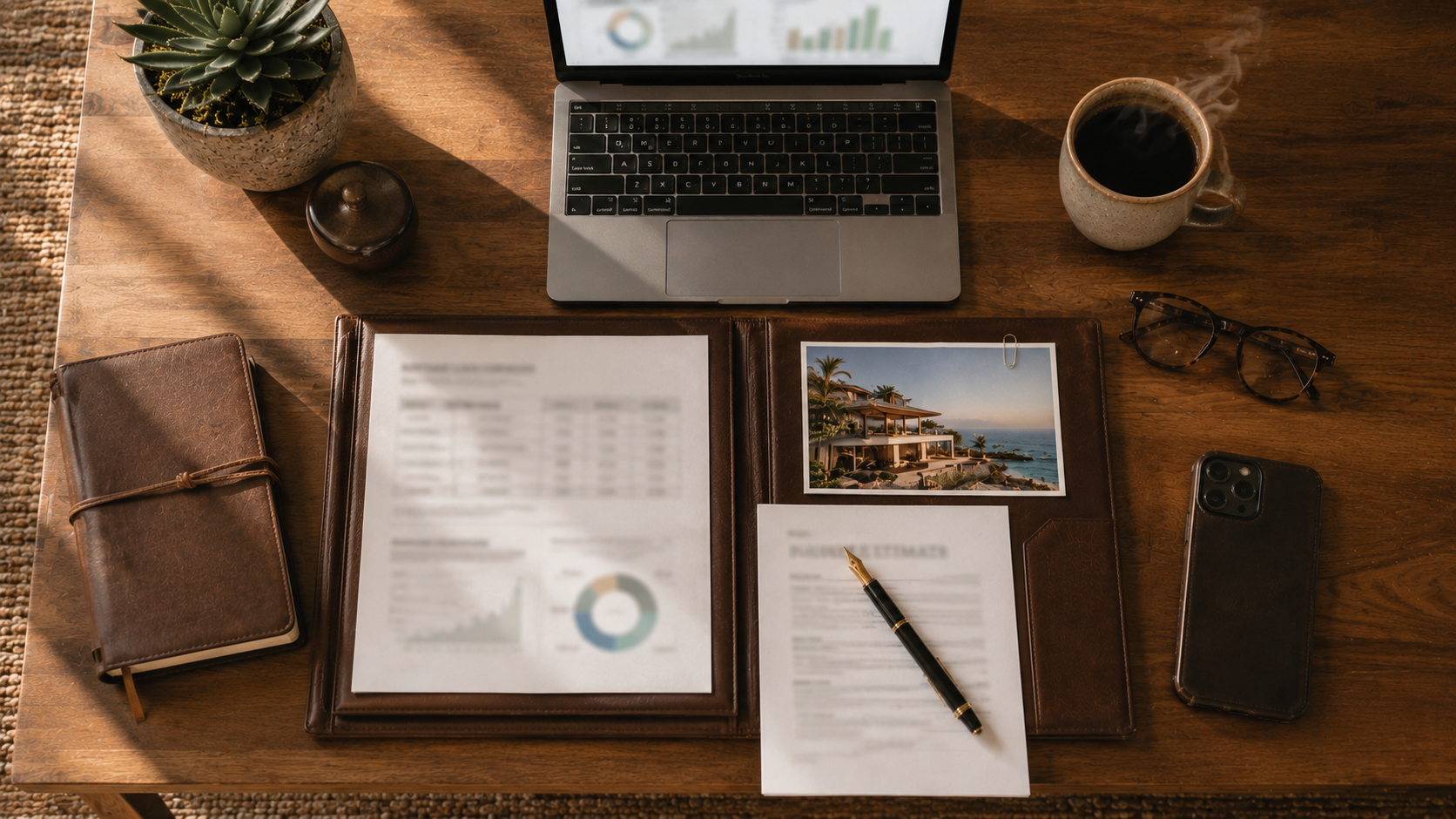 Financial planning desk in a Mexican coastal home office