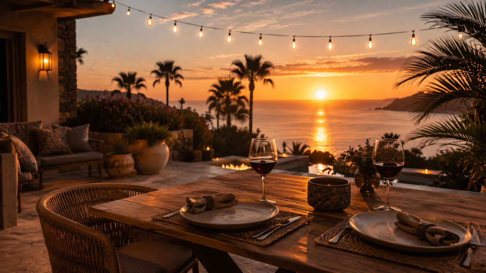 Mexican coastal terrace at sunset with dining setting
