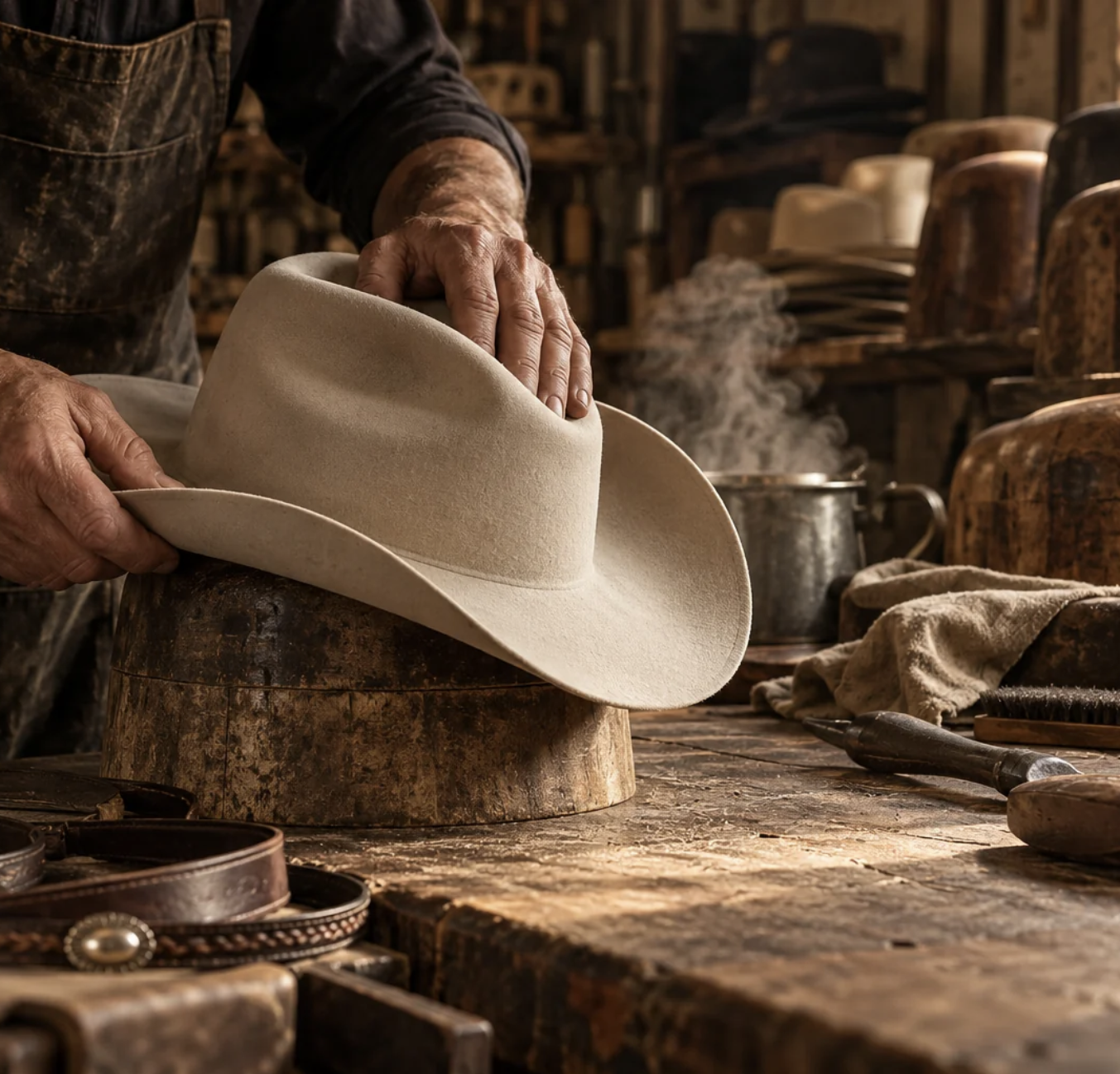 Hands shaping a cream felt hat on a wooden block in the workshop