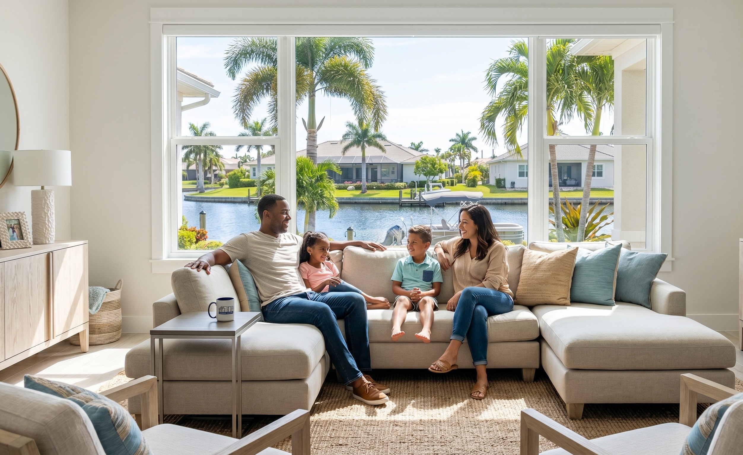 Family gathering inside a well-lit Florida home reflecting security and peace of mind
