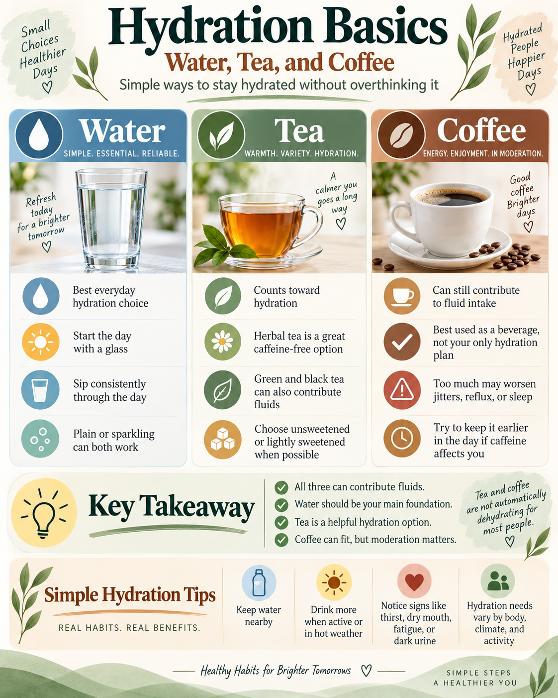 Hydration infographic comparing water, tea, and coffee for daily fluid intake, with practical tips for staying hydrated and managing caffeine.