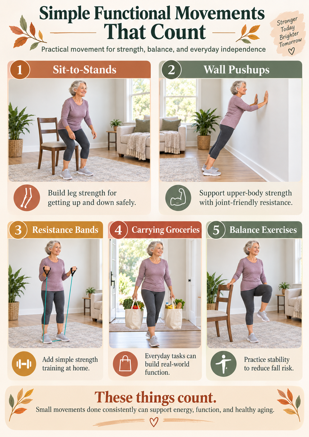 Functional movement exercises for healthy aging, including sit-to-stands, wall pushups, resistance bands, carrying groceries, and balance exercises.