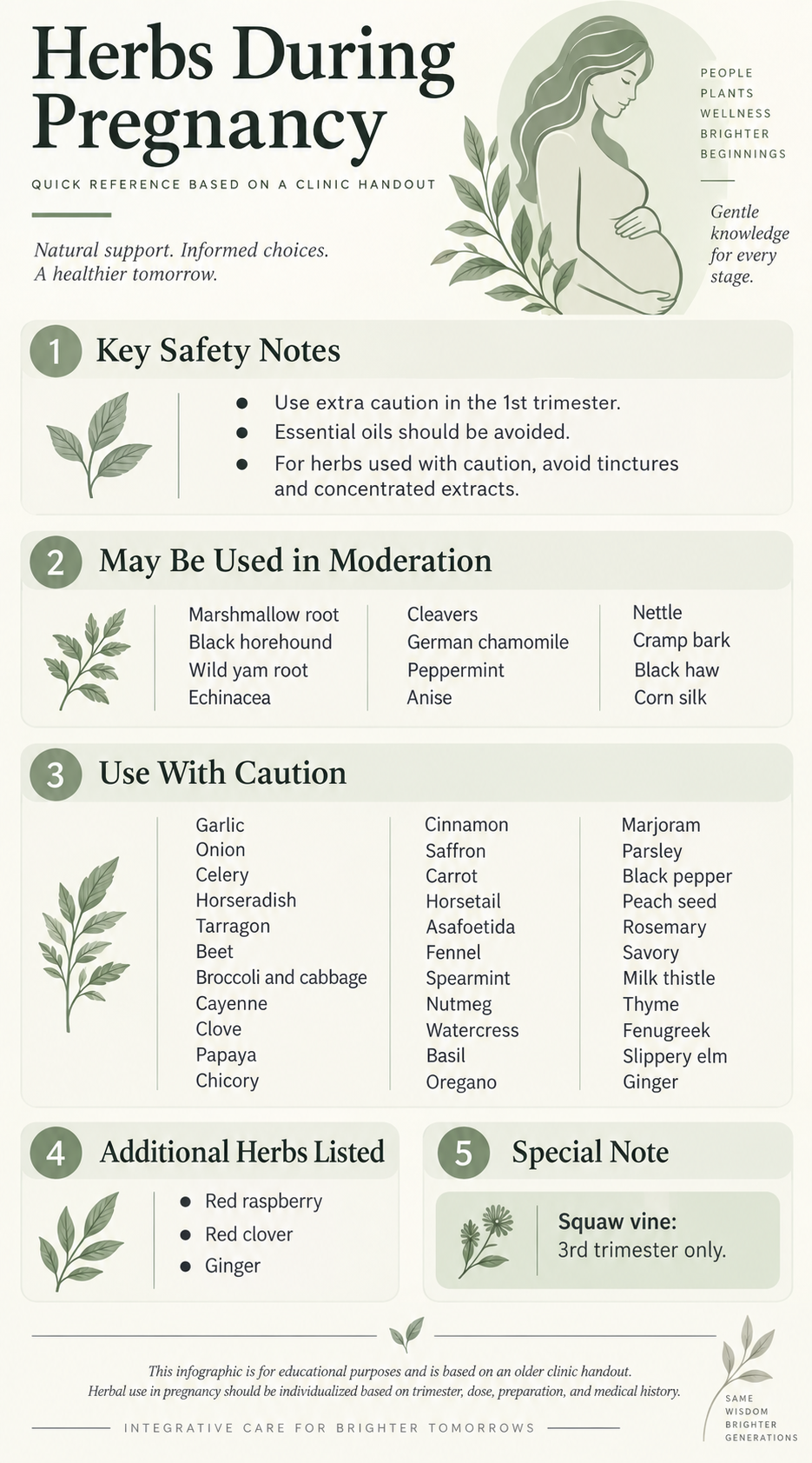 Herbs during pregnancy infographic showing herbs that may be used in moderation, herbs to use with caution, first trimester precautions, essential oil guidance, and pregnancy herbal safety notes. Herbs during pregnancy infographic showing herbs that may be used in moderation, herbs to use with caution, first trimester precautions, essential oil guidance, and pregnancy herbal safety notes.