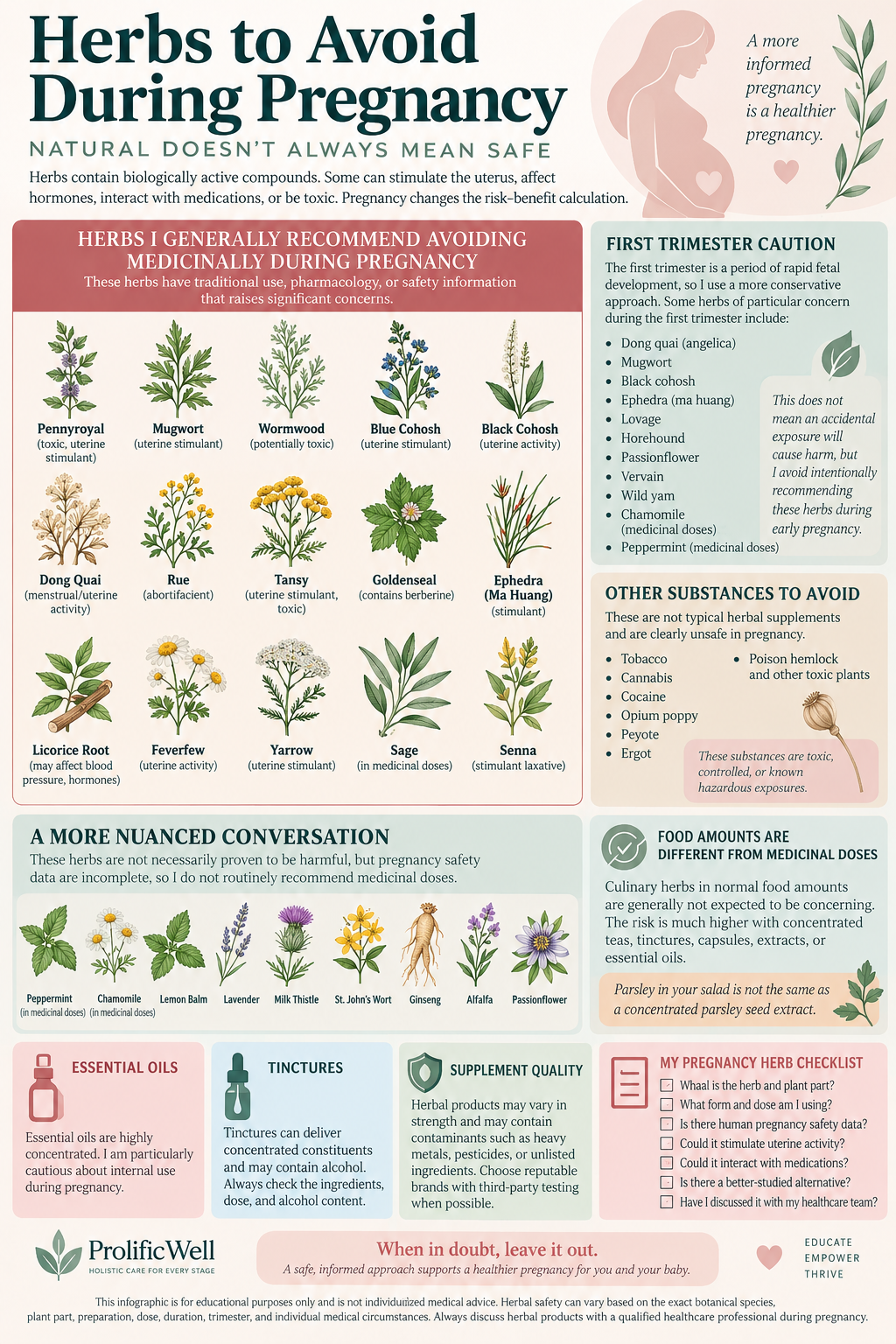 Infographic showing herbs to avoid or use cautiously during pregnancy, including pennyroyal, mugwort, wormwood, blue cohosh, black cohosh, dong quai, rue, tansy, goldenseal, ephedra, licorice root, feverfew, yarrow, sage, and pregnancy herb safety precautions. Infographic showing herbs to avoid or use cautiously during pregnancy, including pennyroyal, mugwort, wormwood, blue cohosh, black cohosh, dong quai, rue, tansy, goldenseal, ephedra, licorice root, feverfew, yarrow, sage, and pregnancy herb safety precautions.