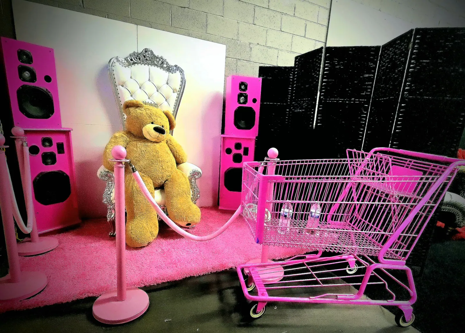 Pink Palace studio set with teddy bear throne, pink speakers, velvet ropes, and shopping cart