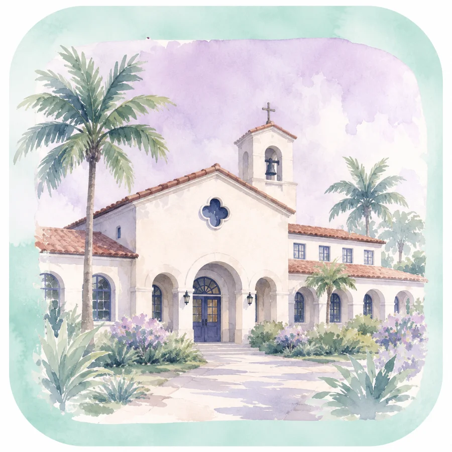 A watercolor illustration of a Spanish mission-style school building with a bell tower