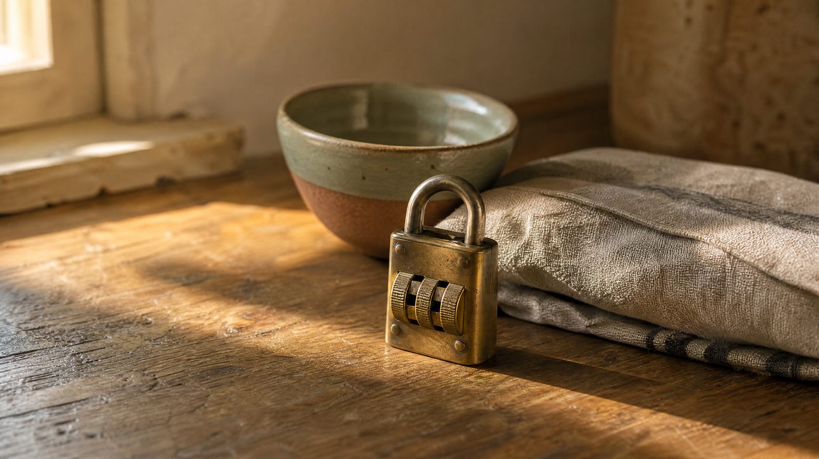 Un cadenas ancien à trois molettes posé sur un plan de cuisine, dans la lumière du matin