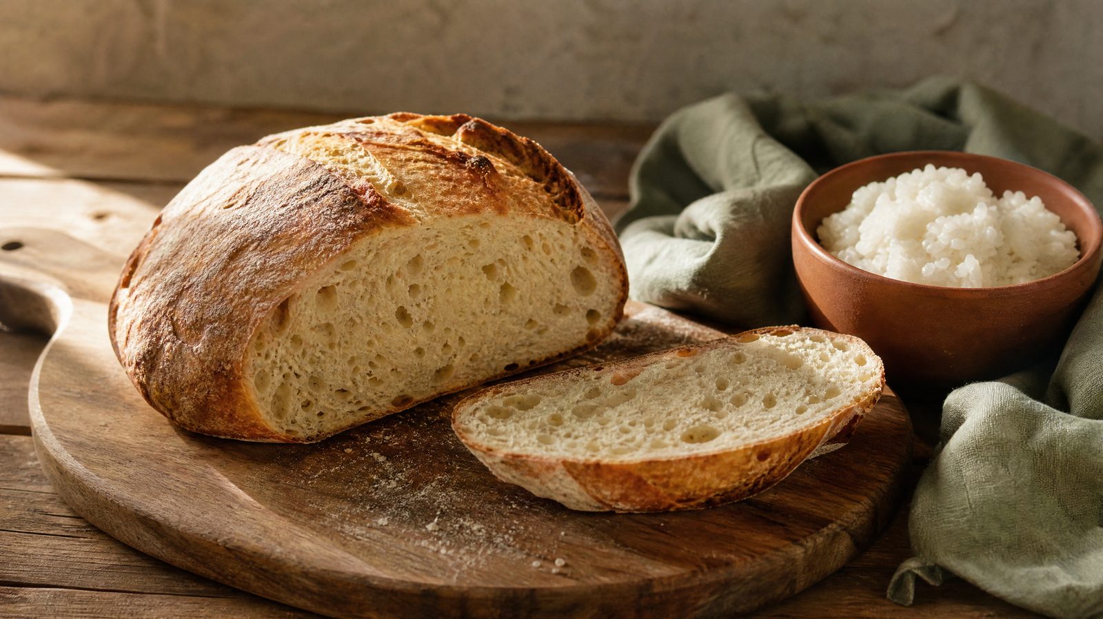 Un pain de campagne tranché sur une planche et un bol de riz blanc