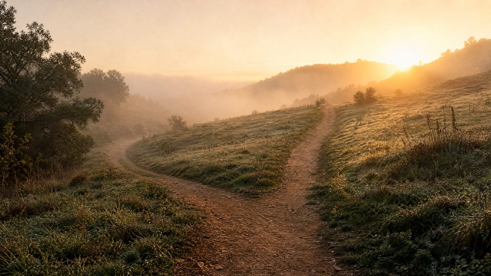 Un sentier de campagne qui se sépare en deux, à l'aube