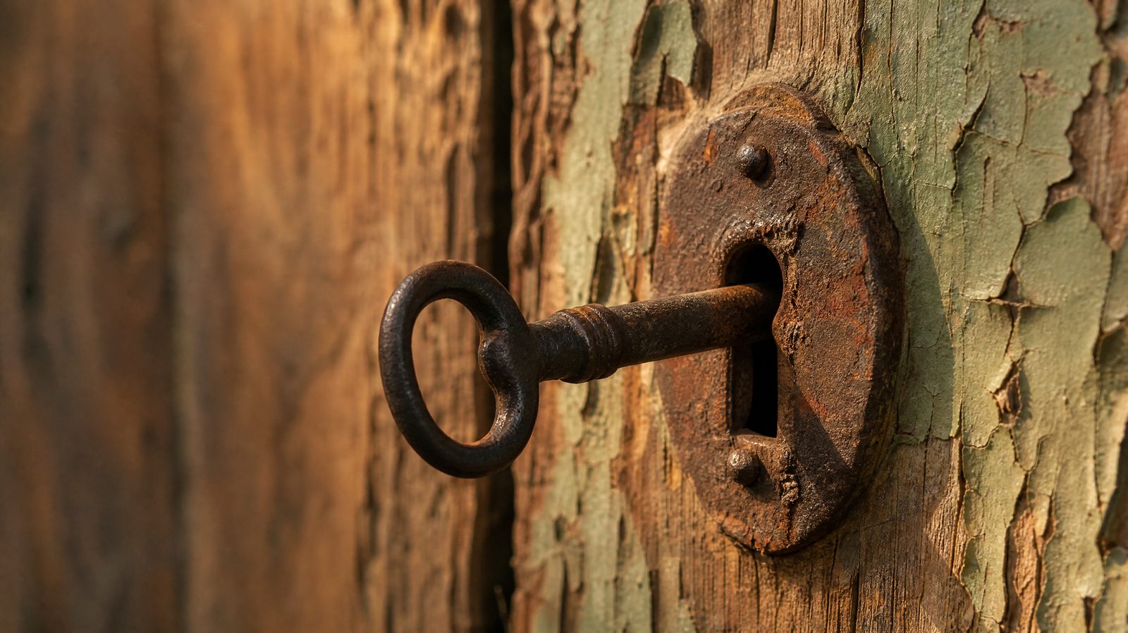 Une serrure rouillée dans une vieille porte en bois, une clé ancienne à moitié engagée